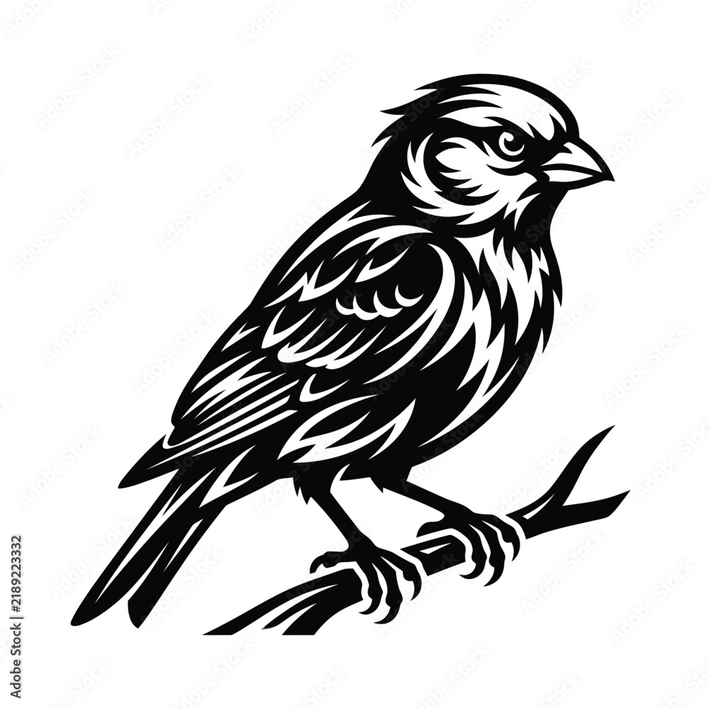 Fototapeta premium Black and white of a small sparrow perched on a branch