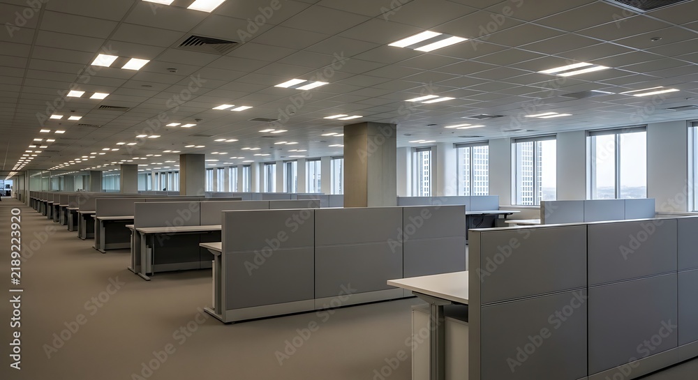 Obraz premium Modern office space with cubicles and windows.