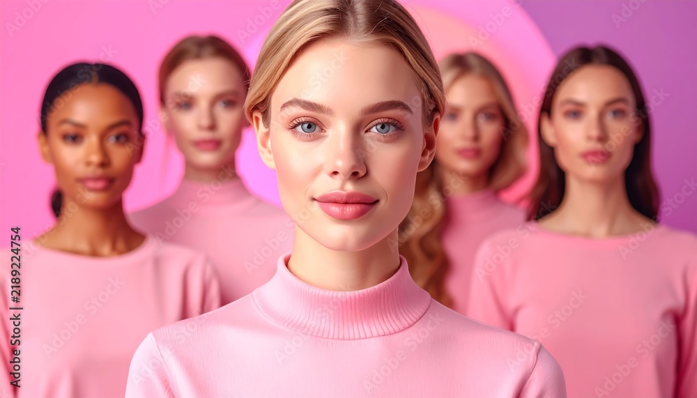 Fototapeta premium Diverse group of young women wearing matching pink tops standing together representing unity and inclusion while smiling at the camera for a commercial lifestyle campaign promoting friendship