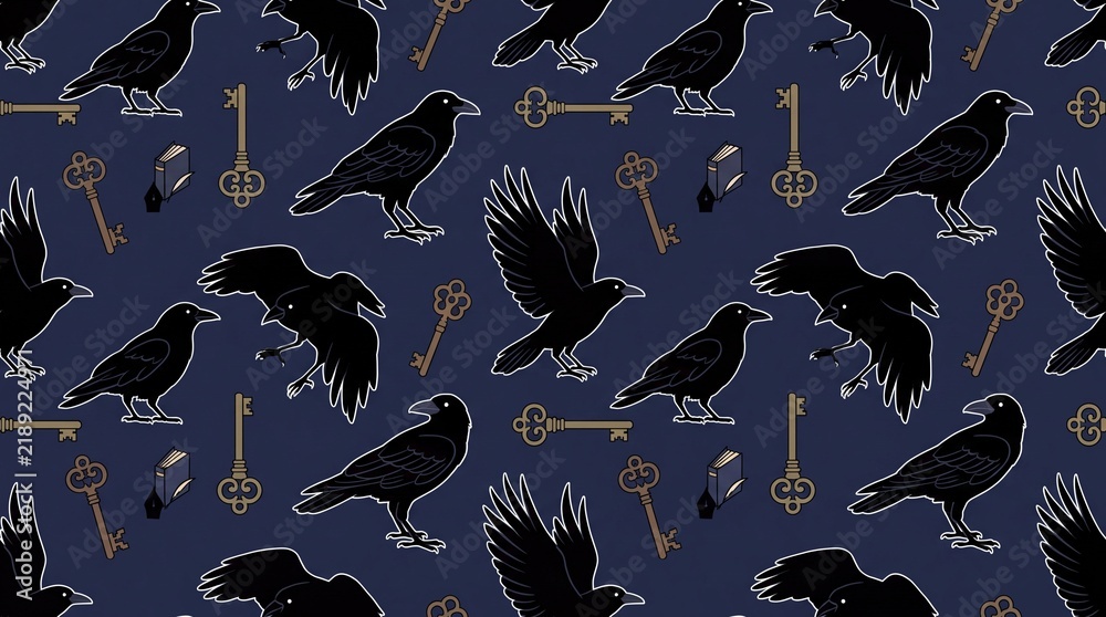Fototapeta premium Gothic raven and vintage skeleton key seamless pattern background