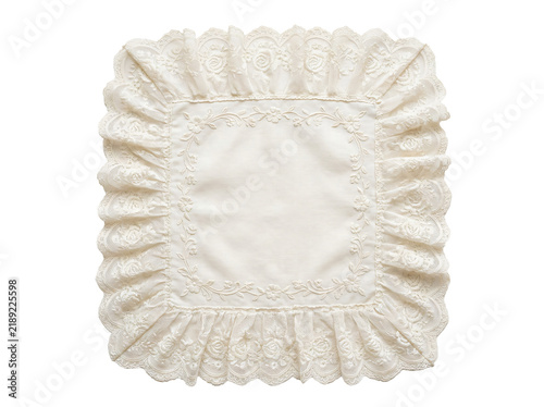 Canvastavla Ornate square white fabric napkin with delicate floral embroidery and intricate