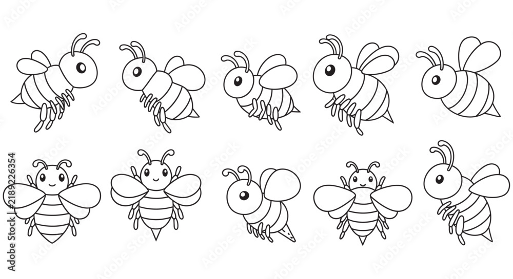 Obraz premium Collection of cartoon bee illustrations with black lines on a white background