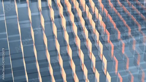 Abstract 3D glass plates grid pattern with glowing orange highlights perspective view