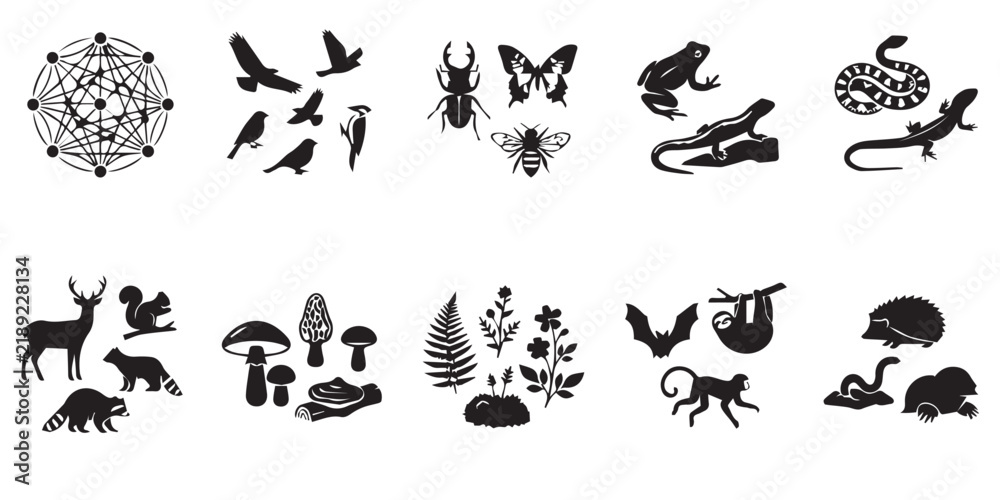 Fototapeta premium Collection of black silhouette icons featuring diverse wildlife animals plants and geometric patterns. A comprehensive set of vector silhouettes depicting various species of animals, insects