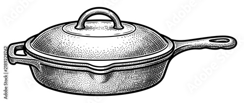 Vintage Cast Iron Skillet with Lid Isolated