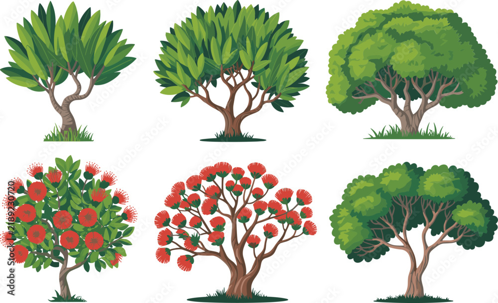Obraz premium Artistic tropical trees collection with dense leaf patterns and red floral accents for web