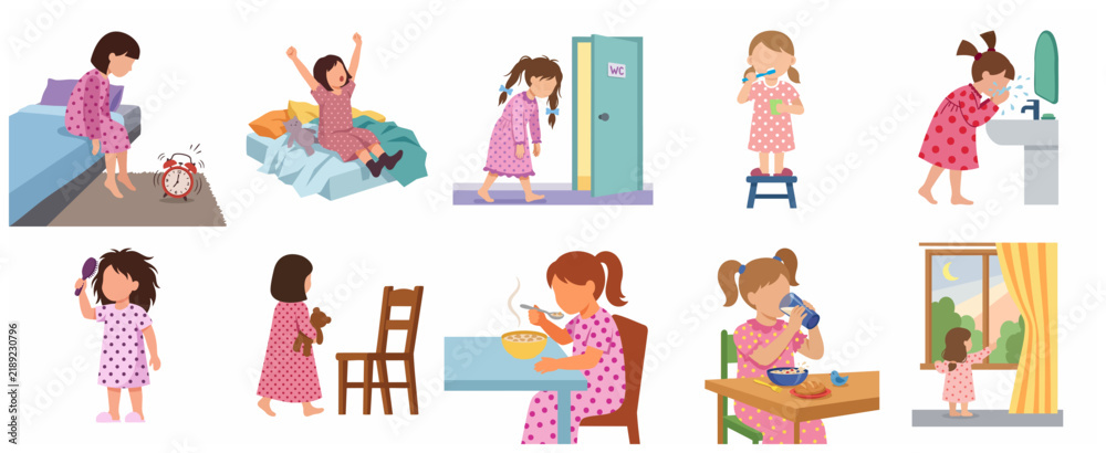 Fototapeta premium Set of little girl doing morning routine activities in pajamas illustration