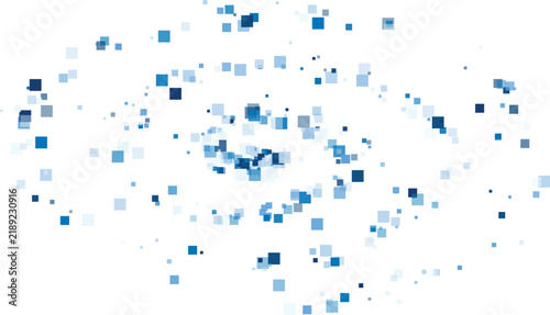 Abstract blue squares and dots swirling in a light background with copy space for design