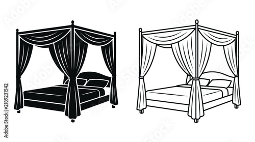 фотографія Canopy bed silhouette with draped fabric black and white line art