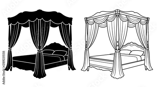 Konstfotografi Canopy bed illustration with draped fabric and ornate detailing
