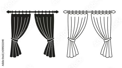Foto Black and white line art depictions of draped curtains with tiebacks