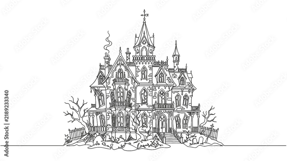 Naklejka premium Haunted Gothic Mansion Continuous One Line Art – Spooky Halloween Vector Illustration