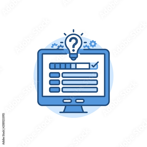 Computer monitor showing progress bar and questionnaire with lightbulb icon for problem solving