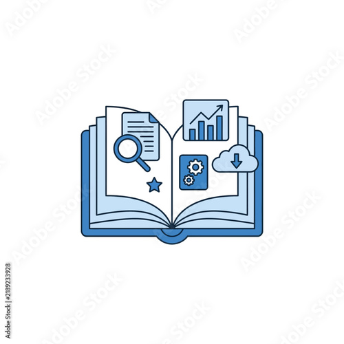 Concept of Knowledge Management and Data Analysis with Open Book and Business Statistics Icons