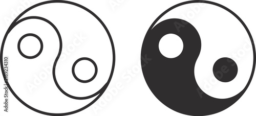 Yin yang icon in stroke and solid black editable vector styles for balance, harmony, spirituality, philosophy, and wellness designs.