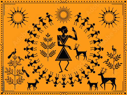Warli Painting Style Indian Folk Art with Dancing Figures and Deer on Orange