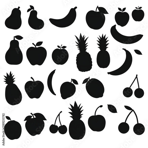 Set of fresh fruit silhouettes including apple banana pineapple pear and cherry icons