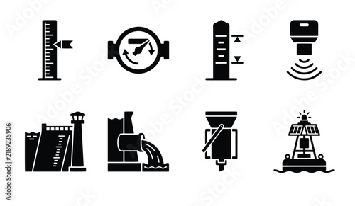 Water Level Measurement Icons, Hydrographic Gauges, River Monitoring, Dam Control, Buoy Systems
