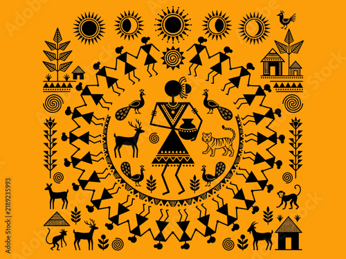 Warli Painting Style Traditional Indian Tribal Folk Art Design on Orange Background