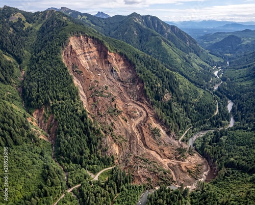 Massive landslide scar on a steep mountain slope showing debris and uprooted trees from above