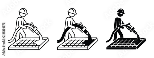 Construction worker pouring concrete, industrial process icons, building materials
