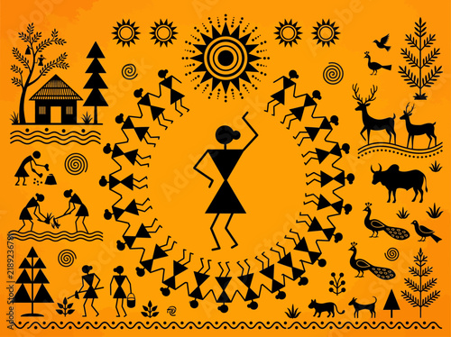 Traditional Warli Art Illustration of Indian Village Life Showing People Farming Dancing and Nature