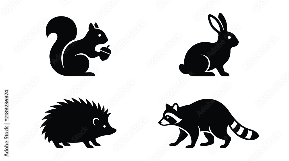 Fototapeta premium Forest animal silhouettes squirrel rabbit hedgehog and raccoon