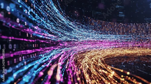Abstract big data visualization with colorful data streams, binary code, analytics, machine learning, data processing, and digital network technology background.