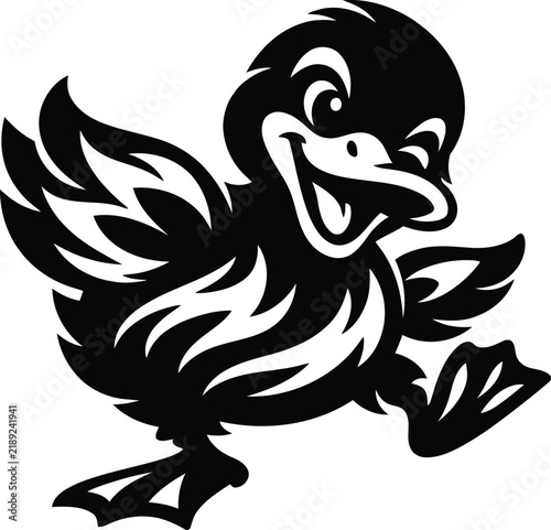 Cute Energetic Duckling Vector Illustration - Black and White Duck Mascot Line Art