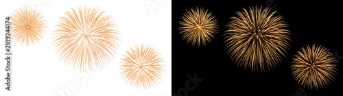 Spectacular golden fireworks display bursting across a dark night sky ideal for celebration design work with PNG, Transparent and Black Background Versions