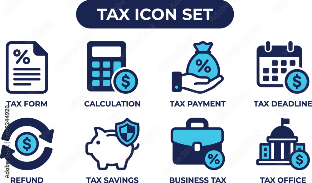Naklejka premium Tax Icon Set With Tax Forms Calculator Payments Savings And Business Finance