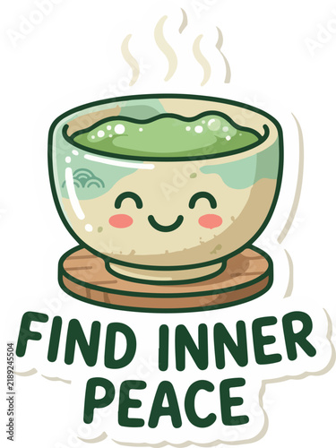 Happy smiling teacup with inner peace message