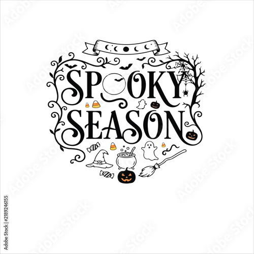 Spooky Season hand drawn lettering with Halloween icons on white background
