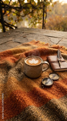 Cozy autumn coffee and journal on blanket