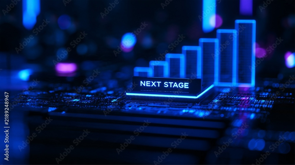 Obraz premium Next Stage blue glowing text on microchip with digital growth chart 