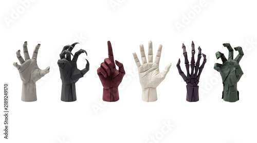 Set of six spooky monster and skeleton hands isolated on white background