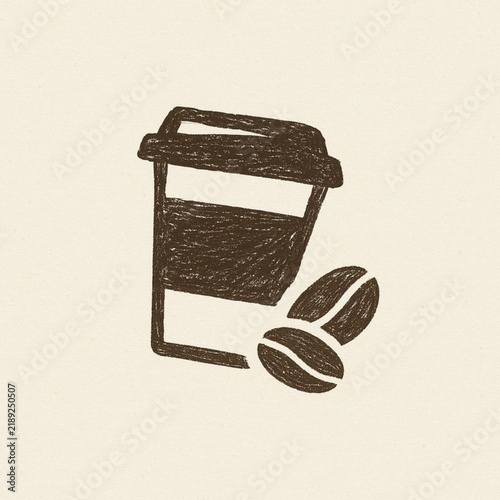 Hand drawn sketch of a takeaway coffee cup with roasted coffee beans