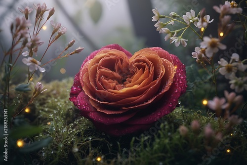 Romantic Heart Shaped Rose Flower Water Drops Soft Bokeh Lights Image