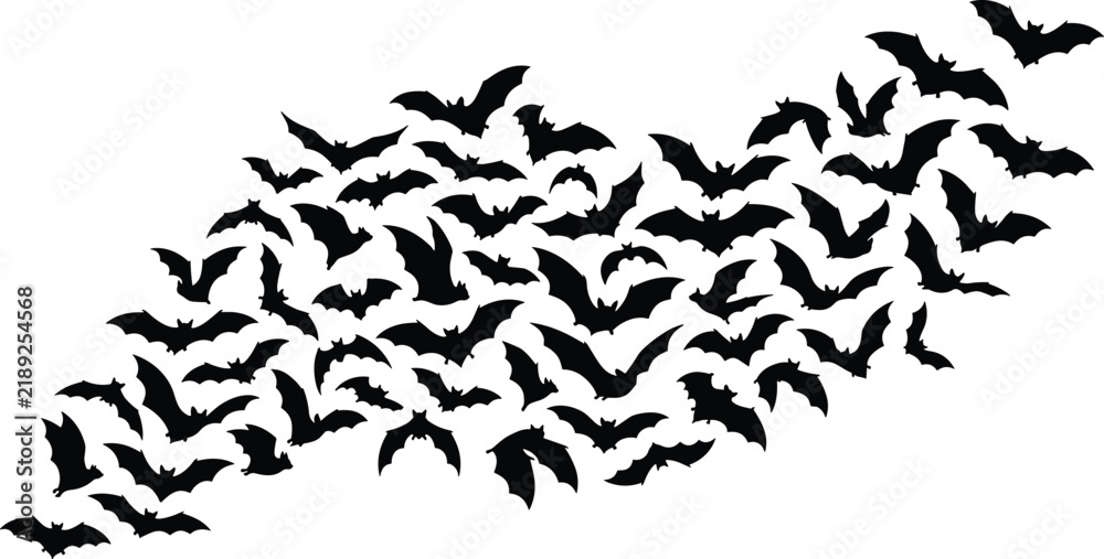 Fototapeta premium Cluster of flying bat silhouettes isolated on white background for Halloween and spooky design conceptsPrint
