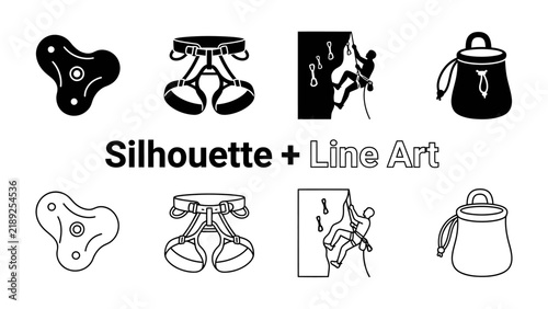 Climbing Gear Collection: A set of four icons showcasing essential rock climbing equipment, including a climbing hold, harness, chalk bag, and a silhouette of a climber on a wall.
