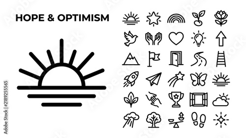 Hope and Optimism Icons: A collection of simple line icons symbolizing hope, optimism, and new beginnings, featuring a sunrise, rainbow, plant sprout, and other positive imagery.