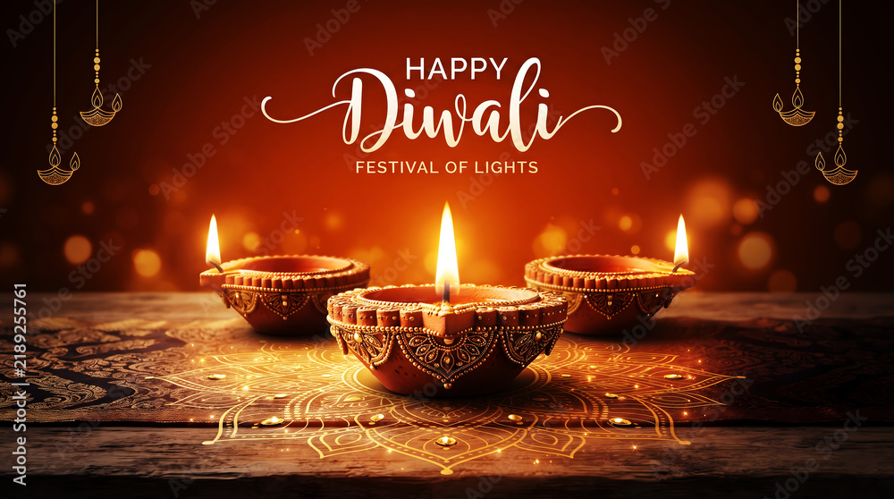 Fototapeta premium Traditional diya lamps glowing on a wooden table for happy diwali festival of lights celebration with oil lamp indian festival hindu festival traditional decor