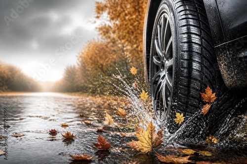 Car tire splashing through wet leaf covered road during autumn