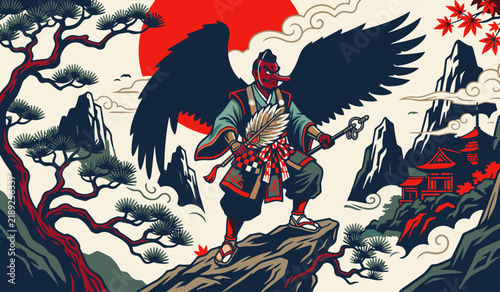 Japanese Tengu Folklore Illustration with Mythical Warrior, Traditional Japanese Art, Mountain Spirit and Cultural Heritage
