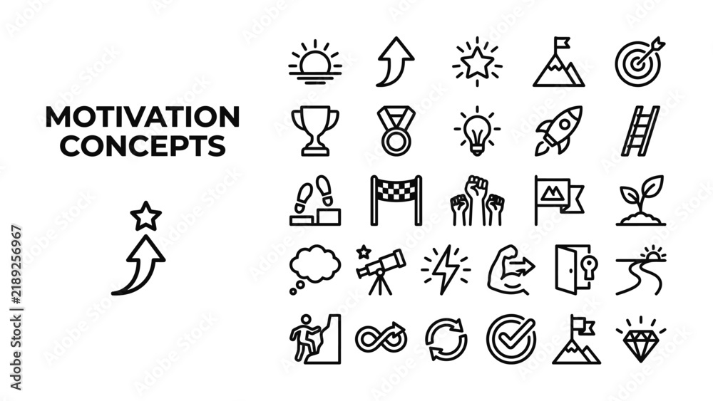 Fototapeta premium Motivation Concept Icons: A collection of modern line art icons representing various concepts of motivation, including success, goals, achievement, and growth.