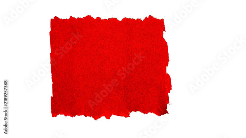 Rectangular piece of red crepe paper, torn and frayed, isolated on a transparent background.