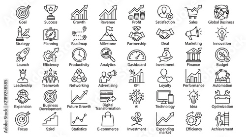 Business line icons set presenting various corporate concepts like growth, strategy, and teamwork.