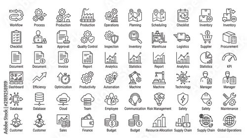 Business technology icons with text labels are arranged in a neat grid on a transparent background.