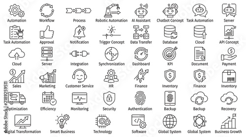 Business technology icons with text labels are arranged in a neat grid on a transparent background.