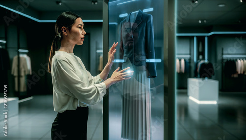 Shopper using AI virtual fitting room mirror in clothing store